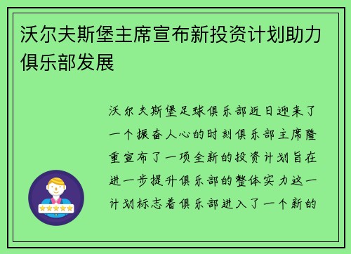 沃尔夫斯堡主席宣布新投资计划助力俱乐部发展