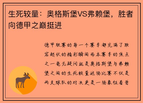 生死较量：奥格斯堡VS弗赖堡，胜者向德甲之巅挺进